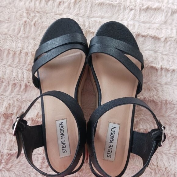 Steve Madden Platform Sandals Size 9.5M Black Leather Open Toe Chunky Strappy - Picture 4 of 7